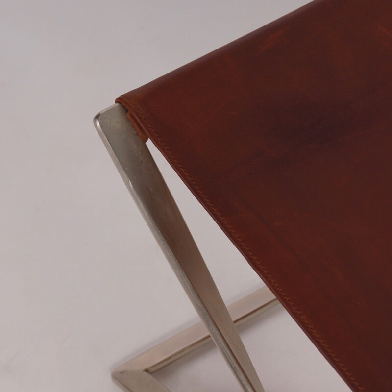 Vintage Pk 91 stool in metal and brown leather by Poul Kjaerholm for E. Kold Christensen, Denmark 1961