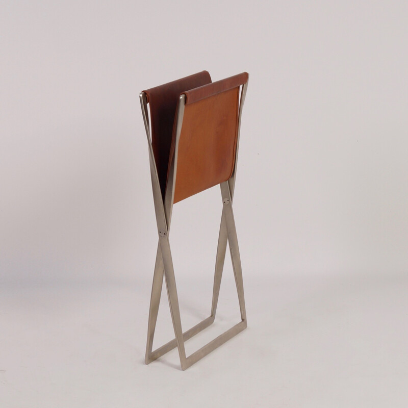 Tabouret vintage Pk 91 en métal et cuir brun par Poul Kjaerholm pour E. Kold Christensen, Danemark 1961