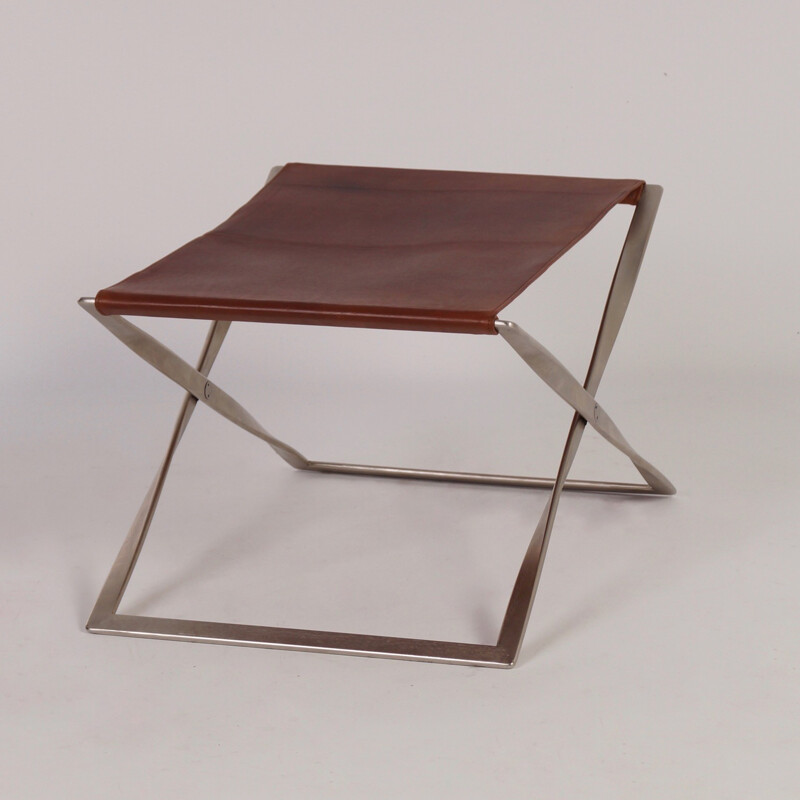 Banco Vintage Pk 91 em metal e couro castanho por Poul Kjaerholm para E. Kold Christensen, Dinamarca 1961