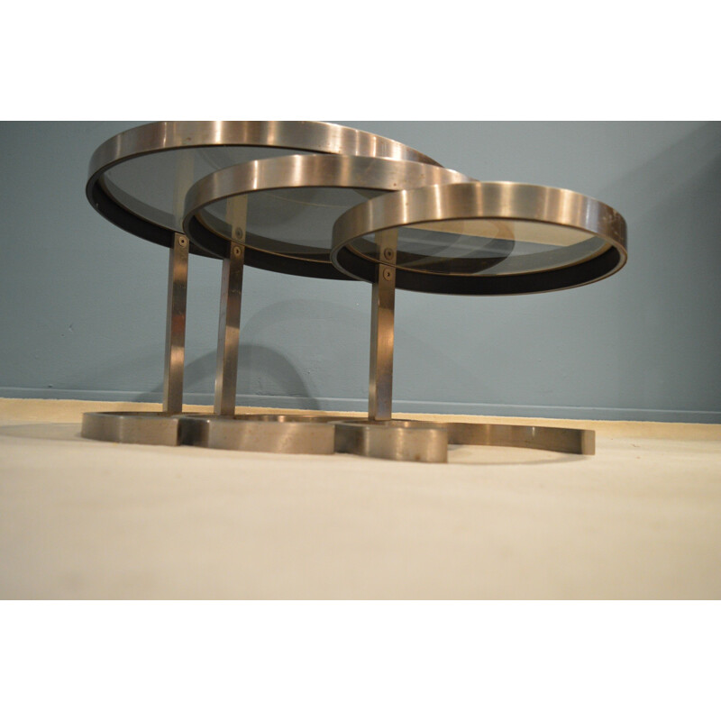 Set of 3 French nesting tables in steel and smoked glass - 1970s