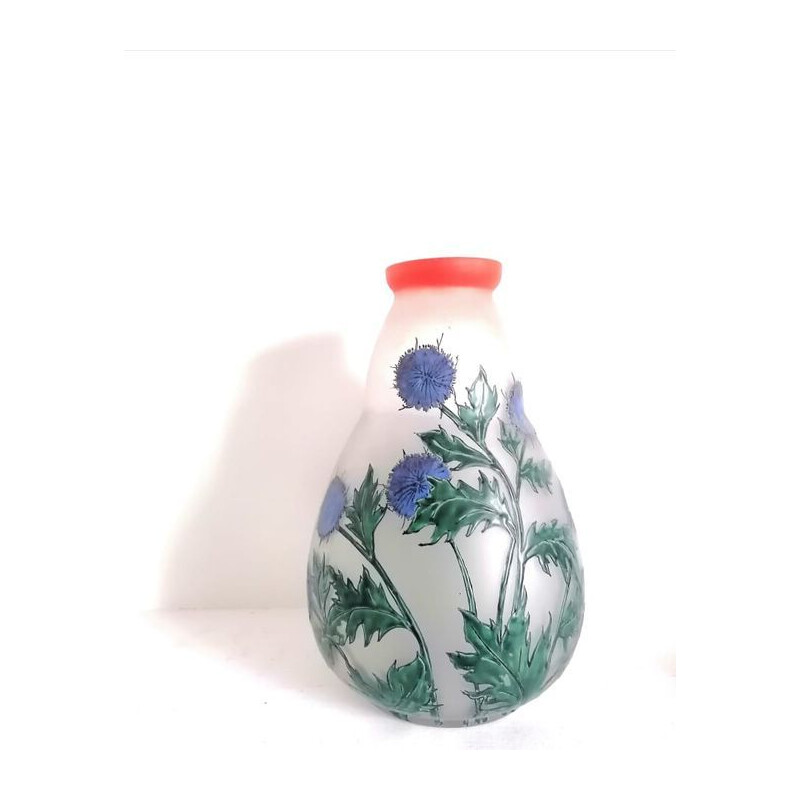 Vintage vase with thistles by Verreries Leune, 1930