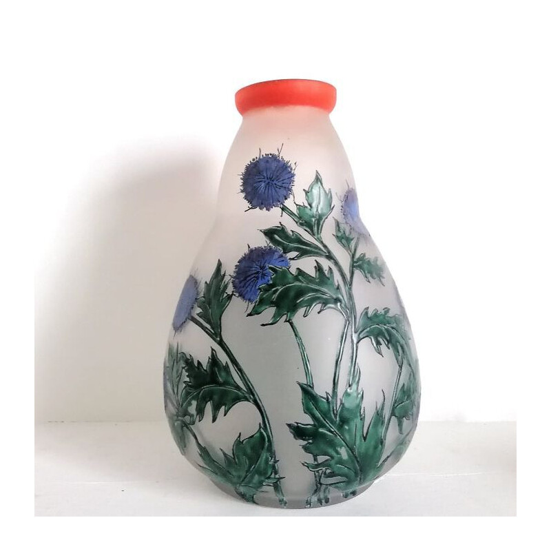 Vintage vase with thistles by Verreries Leune, 1930