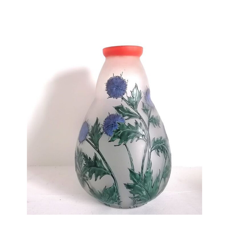 Vase vintage aux chardons par Verreries Leune, 1930