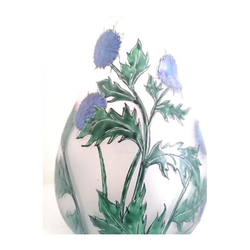 Vase vintage aux chardons par Verreries Leune, 1930