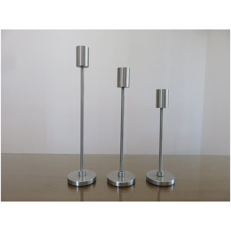 Set of 3 Scandinavian vintage steel candle holders, 1970