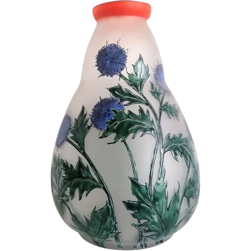 Vase vintage aux chardons par Verreries Leune, 1930