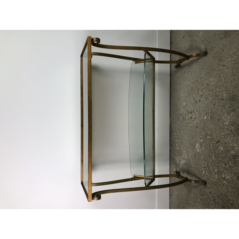 Vintage magazine rack in gilded wrought iron and glass top, 1950