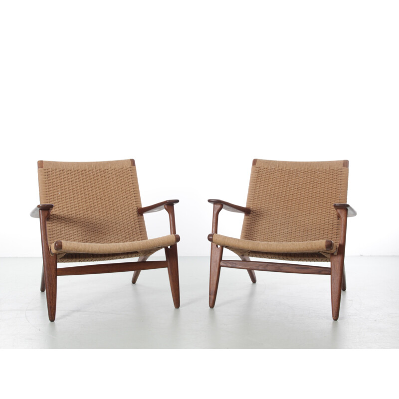 Paar vintage Scandinavische Ch25 fauteuils van Hans Wegner voor Carl Hansen, 1966