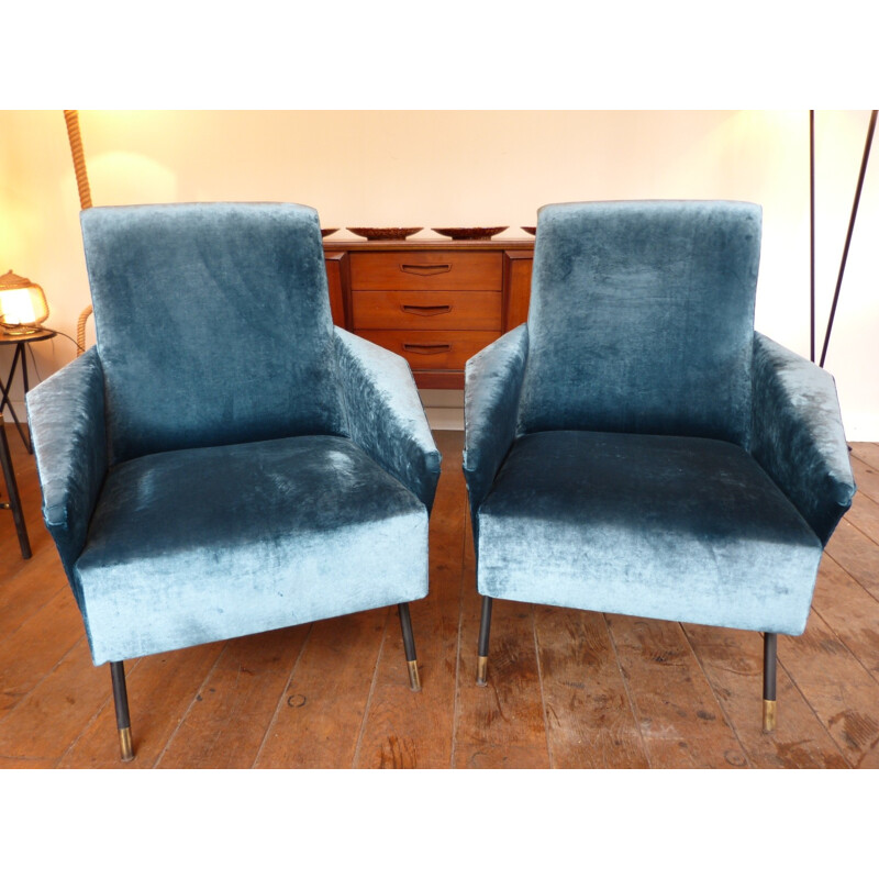 Pair of duck blue velvet Italian armchairs - 1950s