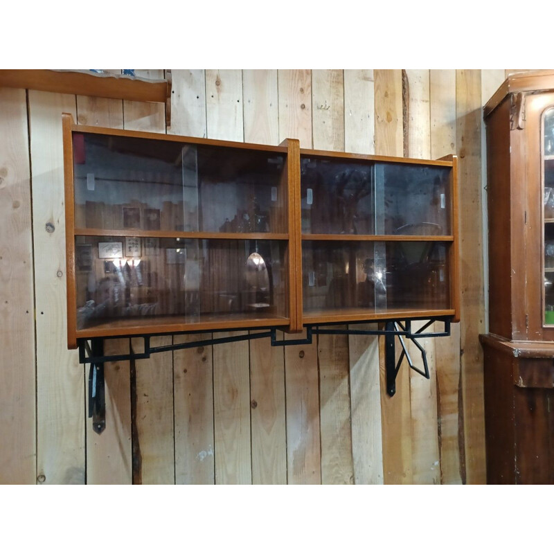 Pair of vintage wood and metal display cases, 1950