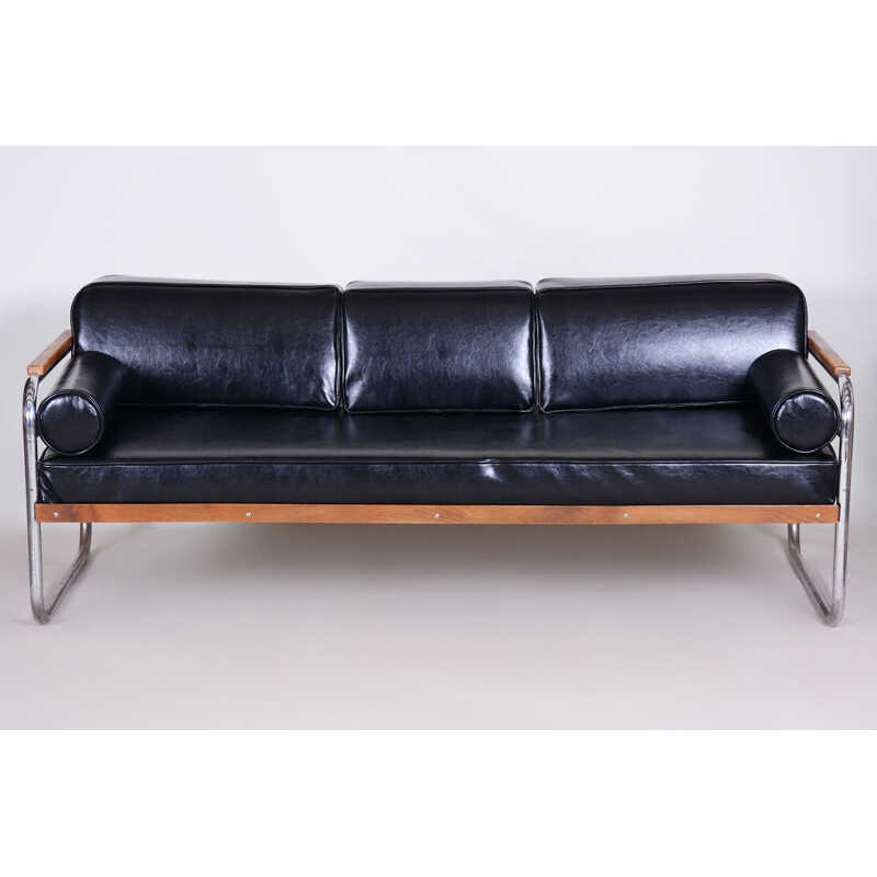 Vintage black leather sofa by Thonet, Czechoslovakia 1930s