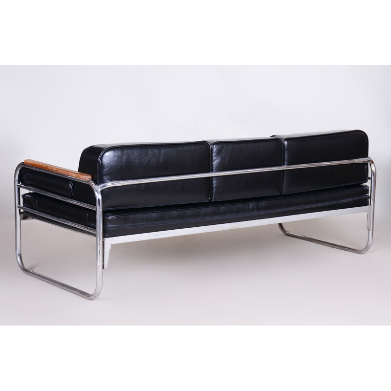 Vintage black leather sofa by Thonet, Czechoslovakia 1930s
