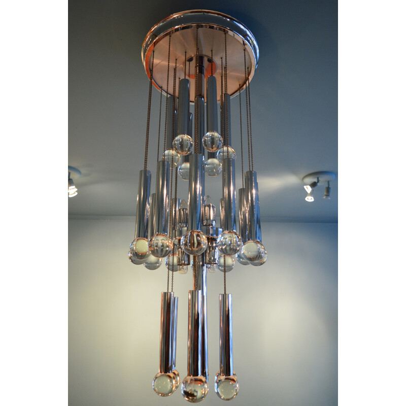 Italian chandelier in chromed steel and glass, Gaetano SCIOLARI - 1970s