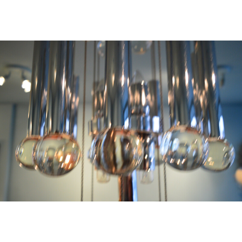 Italian chandelier in chromed steel and glass, Gaetano SCIOLARI - 1970s