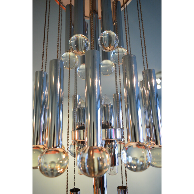Italian chandelier in chromed steel and glass, Gaetano SCIOLARI - 1970s