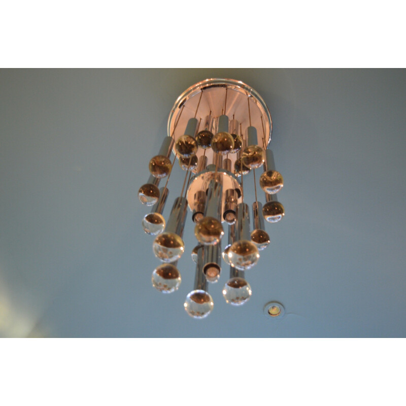Italian chandelier in chromed steel and glass, Gaetano SCIOLARI - 1970s