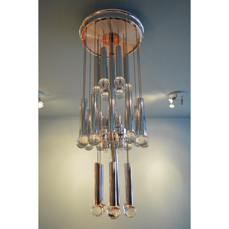 Italian chandelier in chromed steel and glass, Gaetano SCIOLARI - 1970s