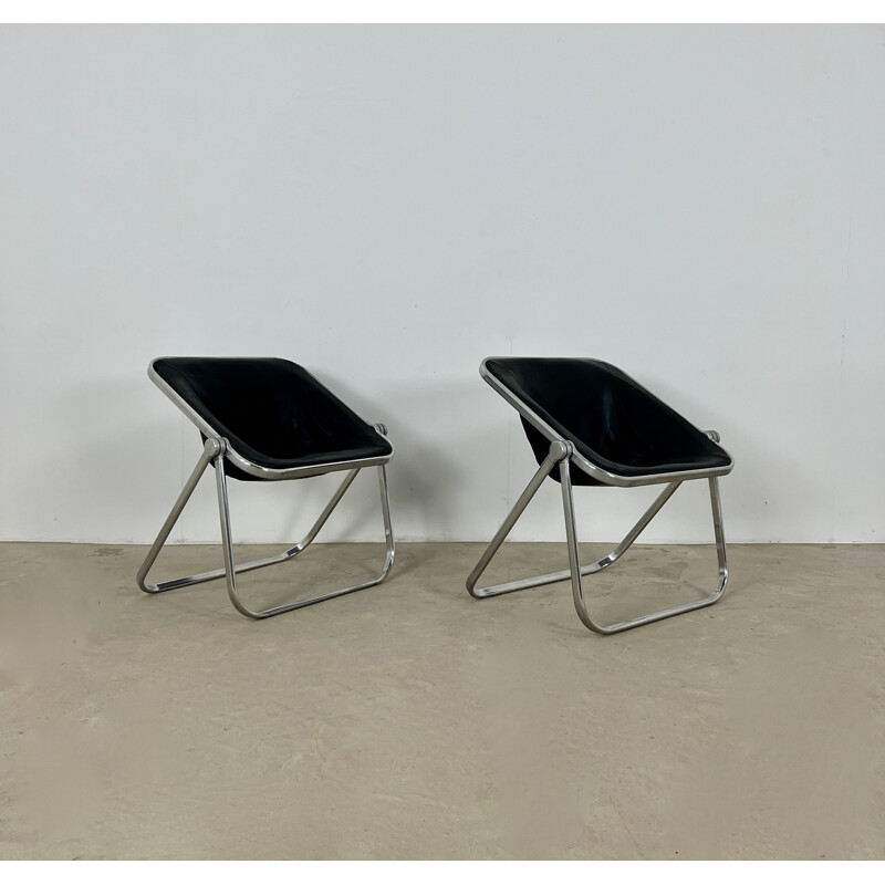 Paire de fauteuils vintage Plona en cuir et métal par Giancarlo Piretti pour Castelli, 1970