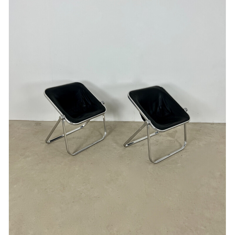 Paar vintage Plona fauteuils in leer en metaal van Giancarlo Piretti voor Castelli, 1970
