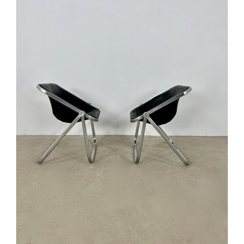 Pair of vintage Plona armchairs in leather and metal by Giancarlo Piretti for Castelli, 1970