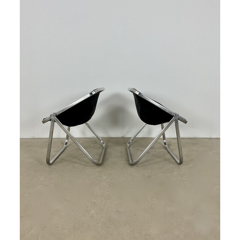 Paire de fauteuils vintage Plona en cuir et métal par Giancarlo Piretti pour Castelli, 1970