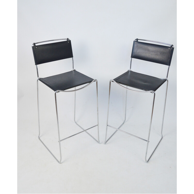 Pair of vintage bar stools in leather and chrome G. Belotti for Alias, Italy 1970s