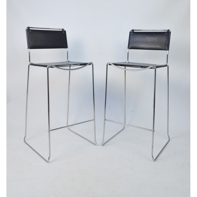 Pair of vintage bar stools in leather and chrome G. Belotti for Alias, Italy 1970s