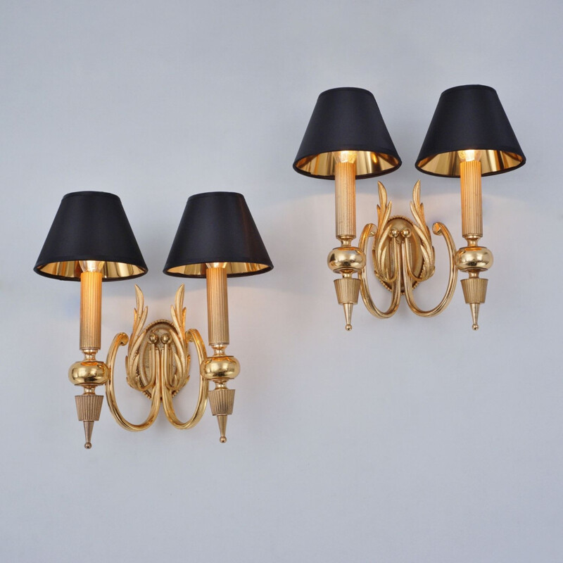 Pair of vintage Italian Sciolari wall lamps in gilt brass Neoclassical, 1970s