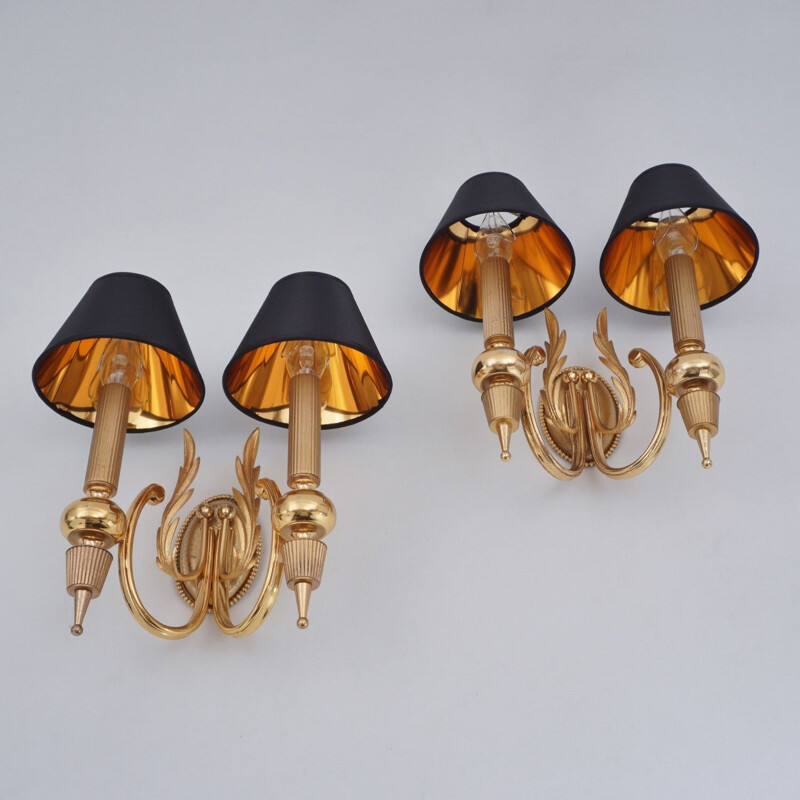 Pair of vintage Italian Sciolari wall lamps in gilt brass Neoclassical, 1970s