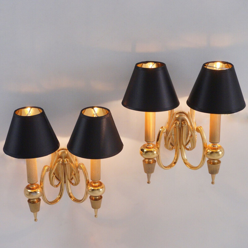 Pair of vintage Italian Sciolari wall lamps in gilt brass Neoclassical, 1970s