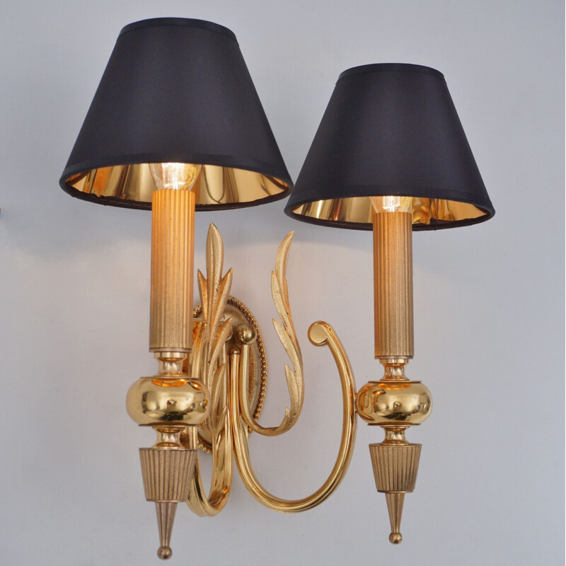 Pair of vintage Italian Sciolari wall lamps in gilt brass Neoclassical, 1970s