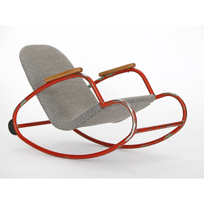 Rocking chair vintage retapissé pour enfant avec structure rouge - 1960