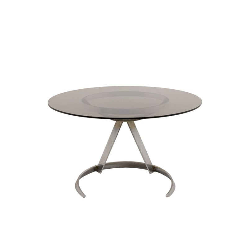 Vintage ronde metalen en glazen tafel van Boris Tabacoff, 1970