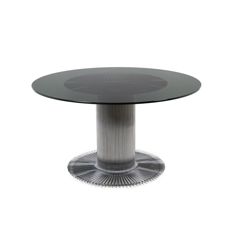 Round vintage table in chromed metal and smoked glass by Gastone Rinaldi, 1970