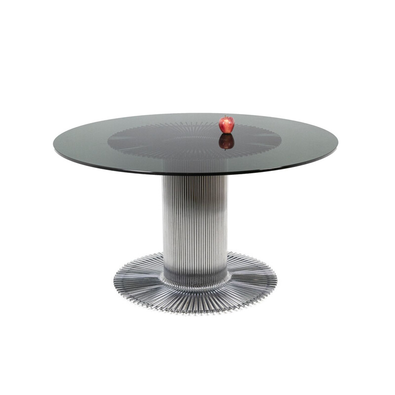 Round vintage table in chromed metal and smoked glass by Gastone Rinaldi, 1970