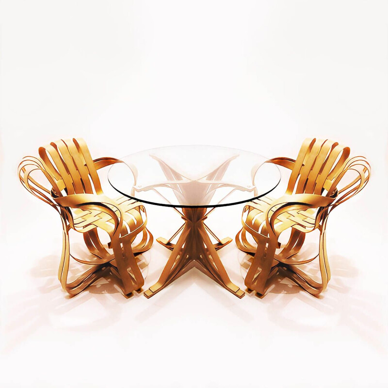 Vintage bentwood maple e glass dining set por Frank Gehry para a Knoll International, 1980