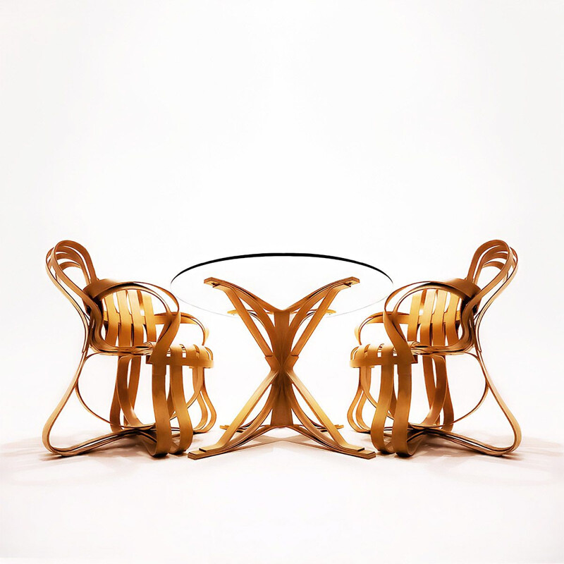 Vintage bentwood maple and glass dining set by Frank Gehry for Knoll International, 1980