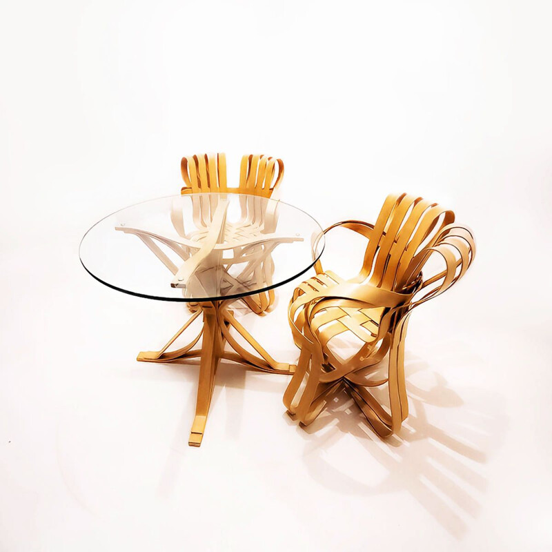 Vintage bentwood maple and glass dining set by Frank Gehry for Knoll International, 1980