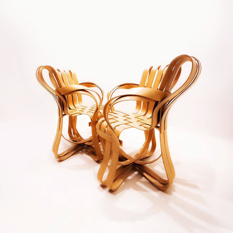 Ensemble à repas vintage en bois courbé d'érable et verre par Frank Gehry pour Knoll International, 1980