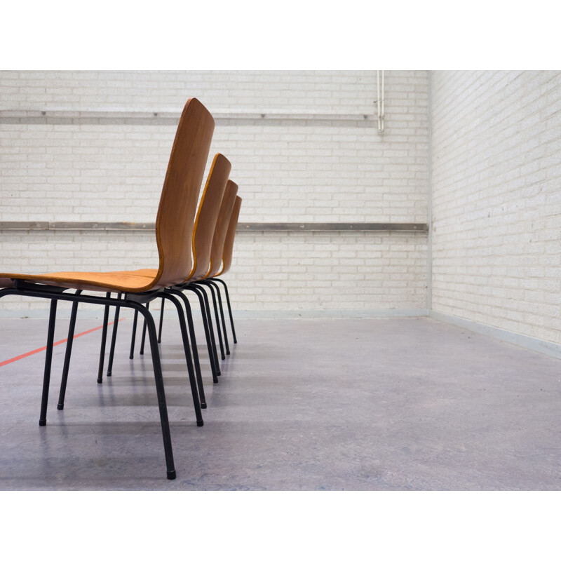 Set of 4 "Euroika" chairs in teak plywood and steel, Friso KRAMER - 1960s