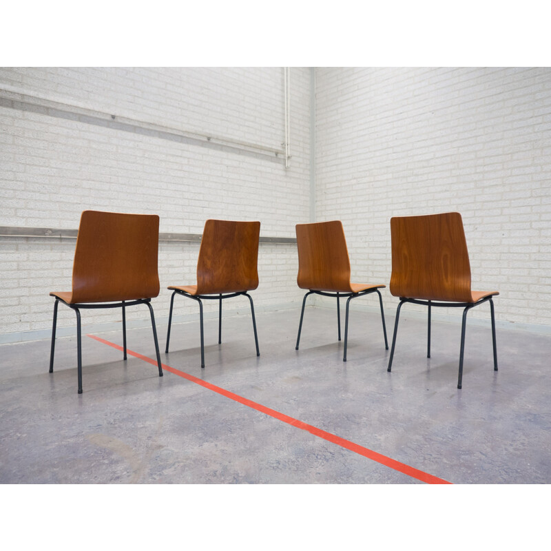 Set of 4 "Euroika" chairs in teak plywood and steel, Friso KRAMER - 1960s