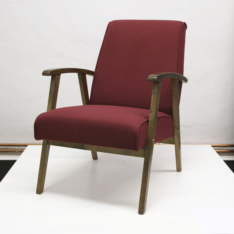 Reupholstered armchair in oak and red fabric - 1960s