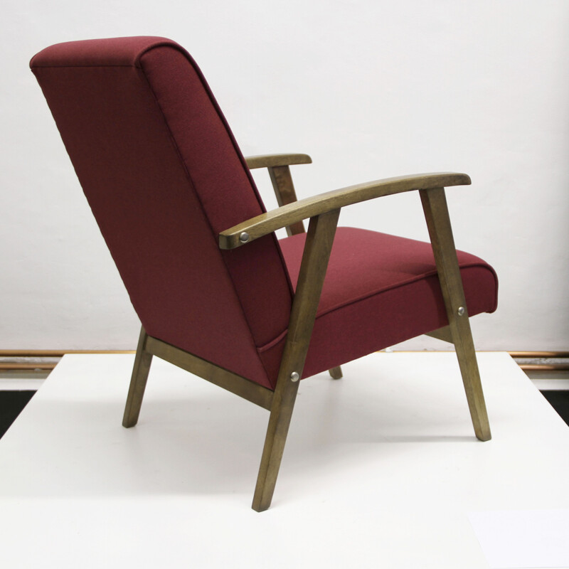 Reupholstered armchair in oak and red fabric - 1960s