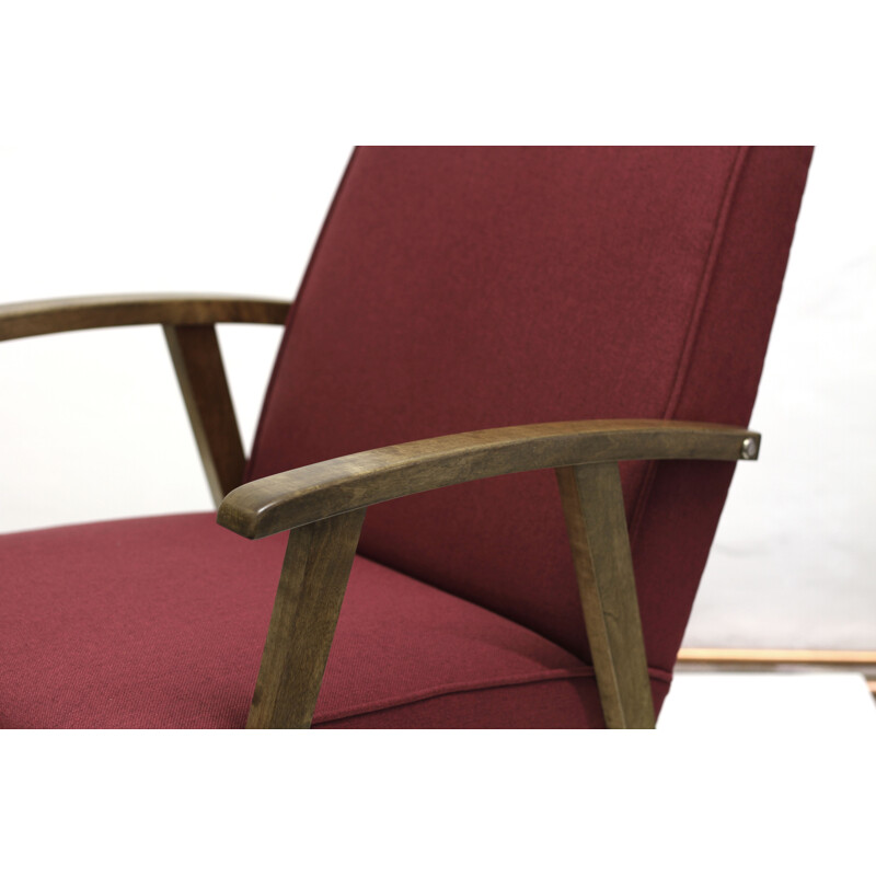 Reupholstered armchair in oak and red fabric - 1960s