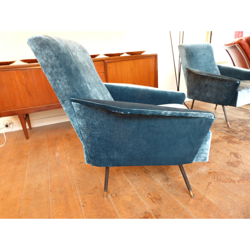 Pair of duck blue velvet Italian armchairs - 1950s