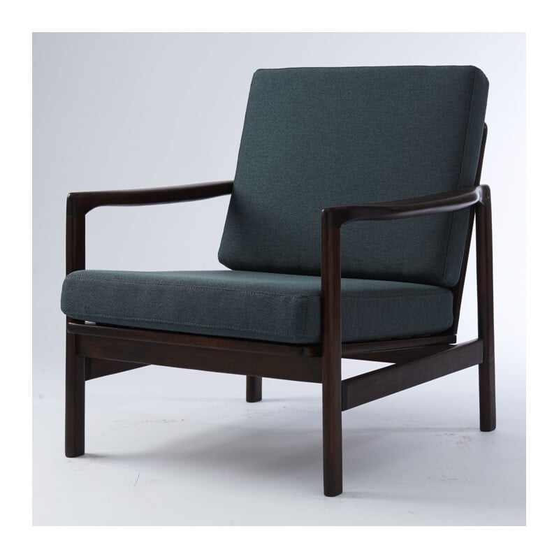 Fauteuil retapissé en chêne foncé et tissu bleu indigo - 1960