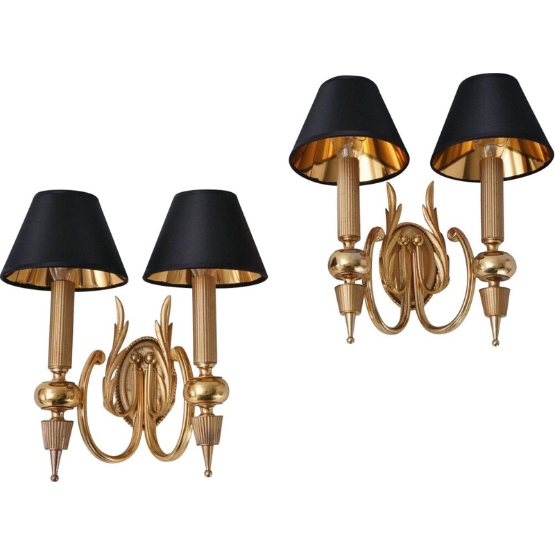 Pair of vintage Italian Sciolari wall lamps in gilt brass Neoclassical, 1970s