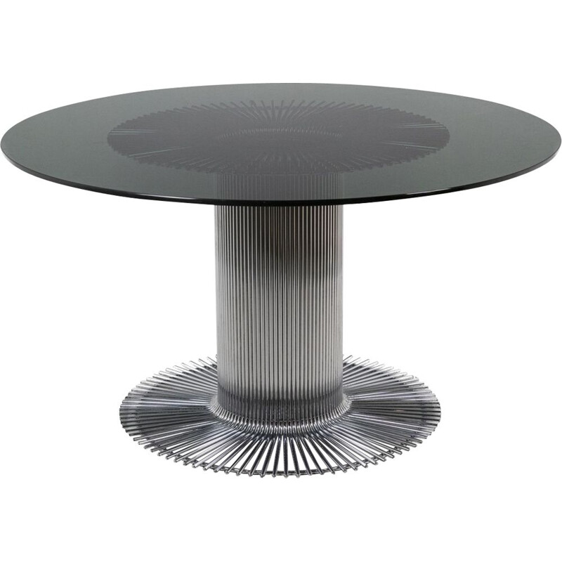 Table ronde vintage en métal chromé et verre fumé par Gastone Rinaldi, 1970