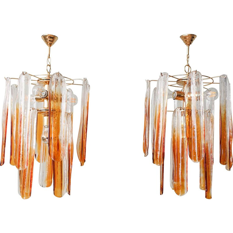 Pareja de lámparas colgantes vintage de cristal de Murano con pétalos de flores de Carlo Nason para Mazzega, Italia 1970