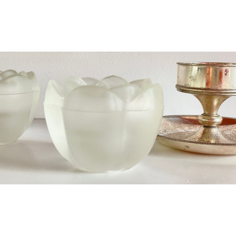 Pair of vintage glass candle holders and 1 silver candle holder, 1960